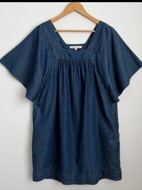 XiRENA Chambray Denim Dress Butterfly Kimono Sleeve Square Neck Oversized XS